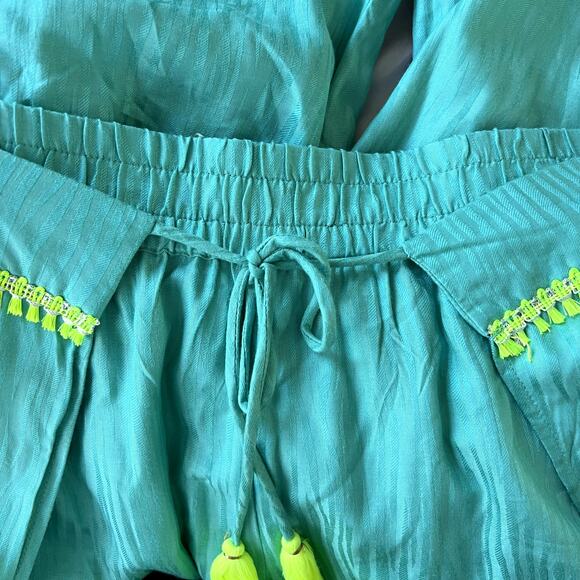 Trina Turk Cascais Wave Split Leg Pants Size Large in Aqua Neon Lime Green - Picture 11 of 12